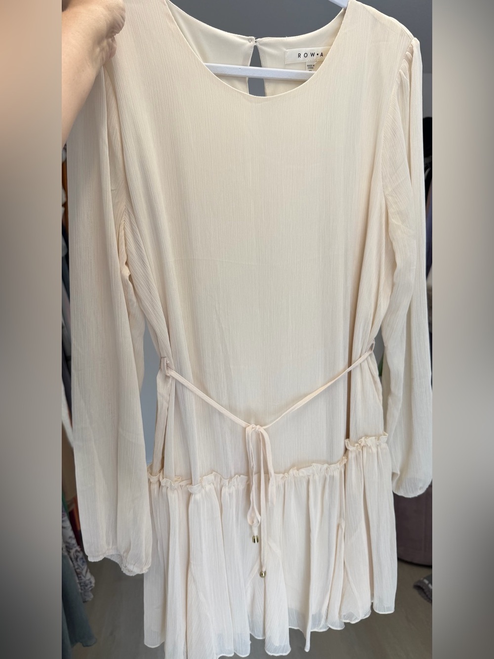 Light Cream Long-Sleeve Tie-Waist Dress